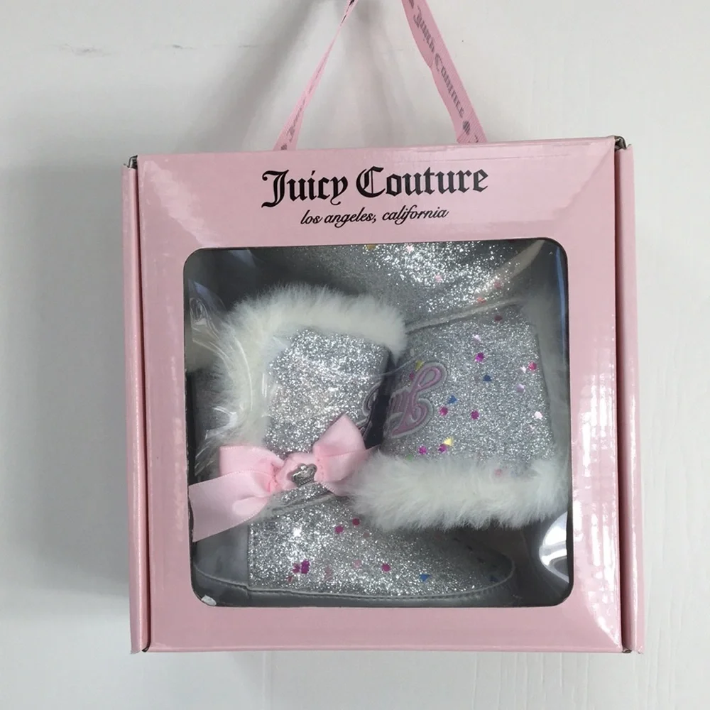 Juicy Couture Silver Glitter Sparkle Cerritos Boot Faux Fur Size 3m NEW In Box